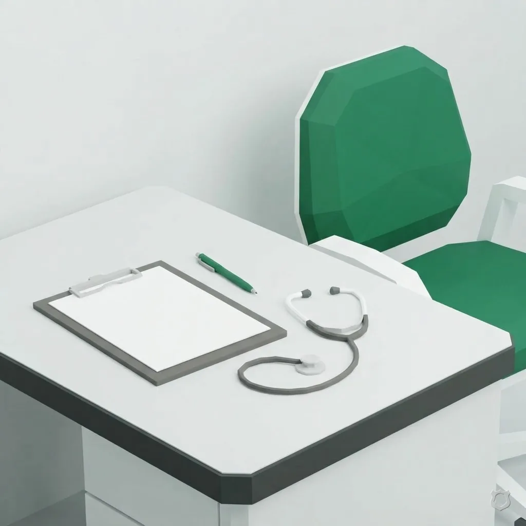 Low-poly render of a clipboard and stethoscope on an exam-room desk