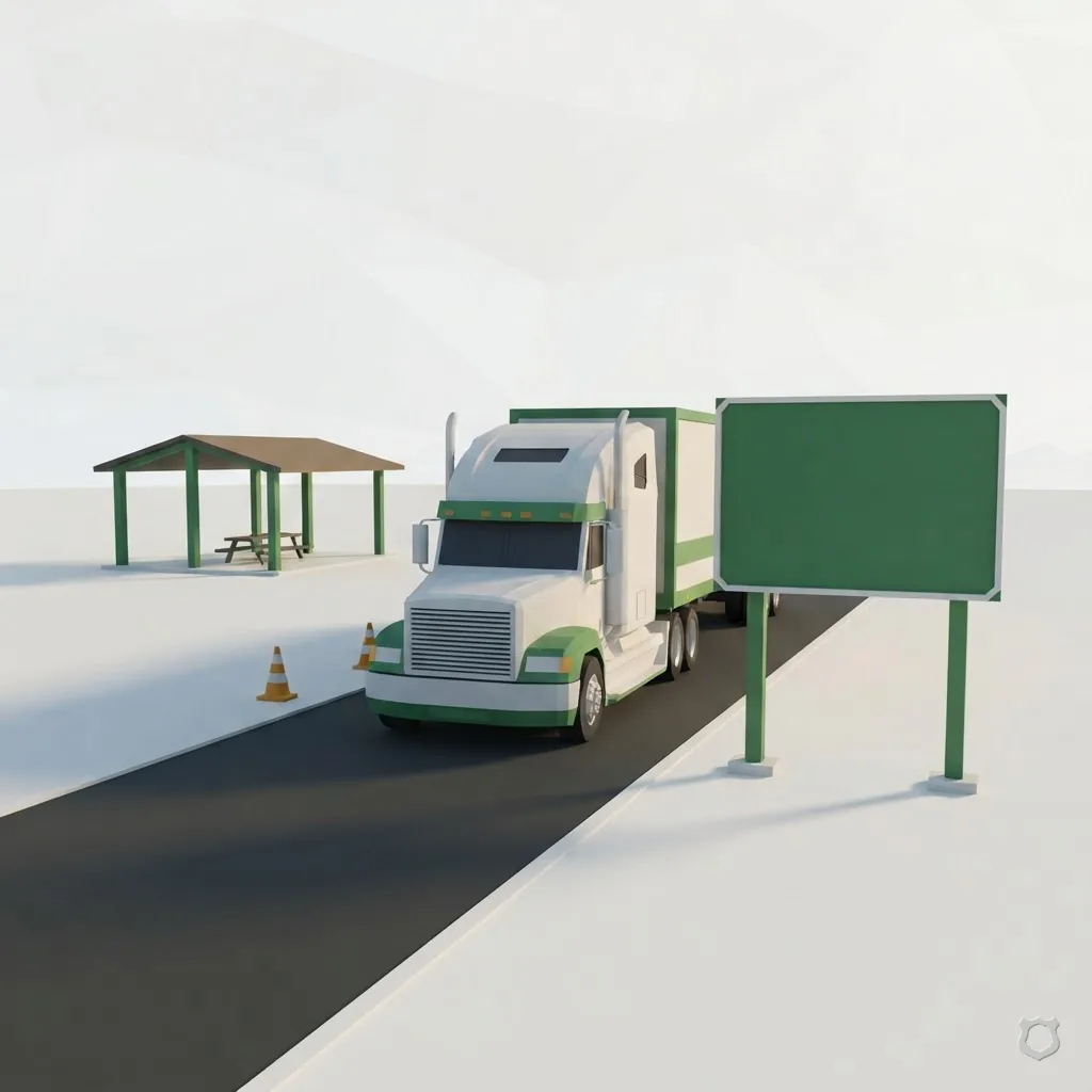 Low-poly render of a truck parked at a daytime rest area