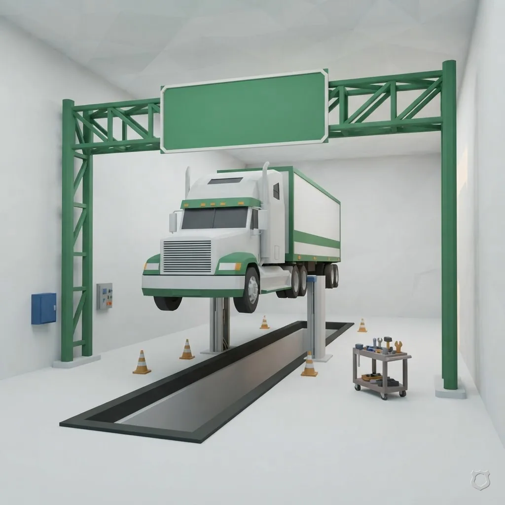 Low-poly render of a truck in an inspection bay