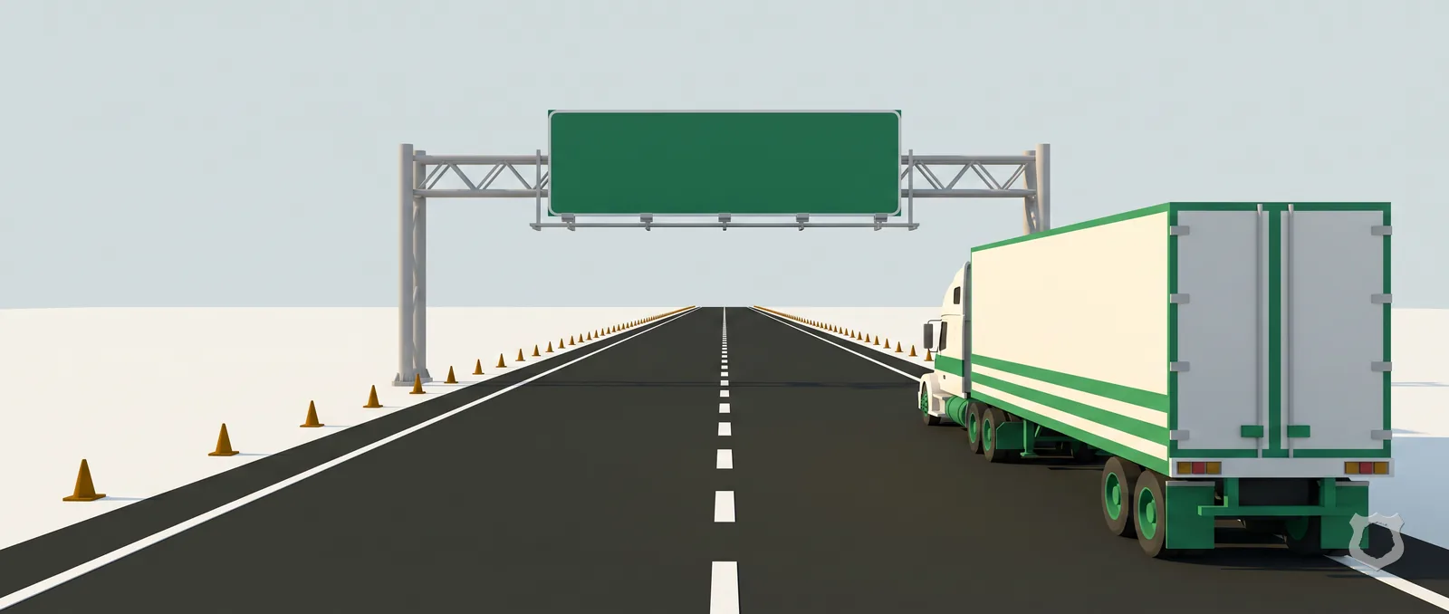 Low-poly render of a tractor-trailer on an interstate under a blank green sign gantry